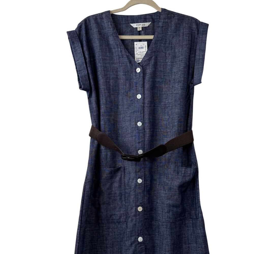 Studio One New York Blue Chambray V Neck Button Up Dress w Brown Belt  Size PM